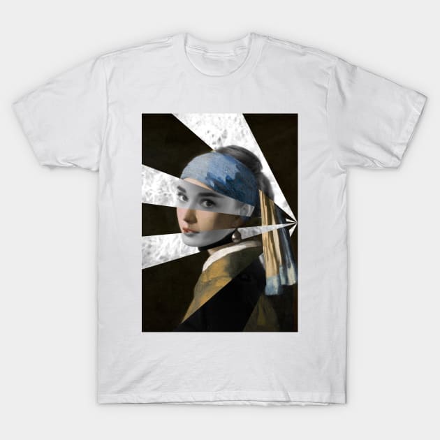 Girl with a Pearl Earring by Vermeer and Audrey H. T-Shirt by luigi-tarini